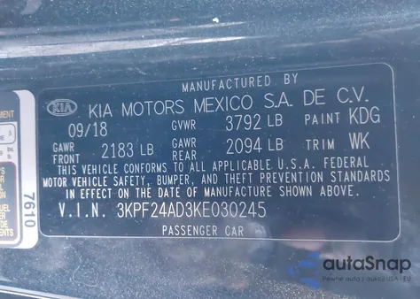 2019 Kia Forte Lxs z USA, uszkodzony, nr VIN 3KPF24AD3KE030245